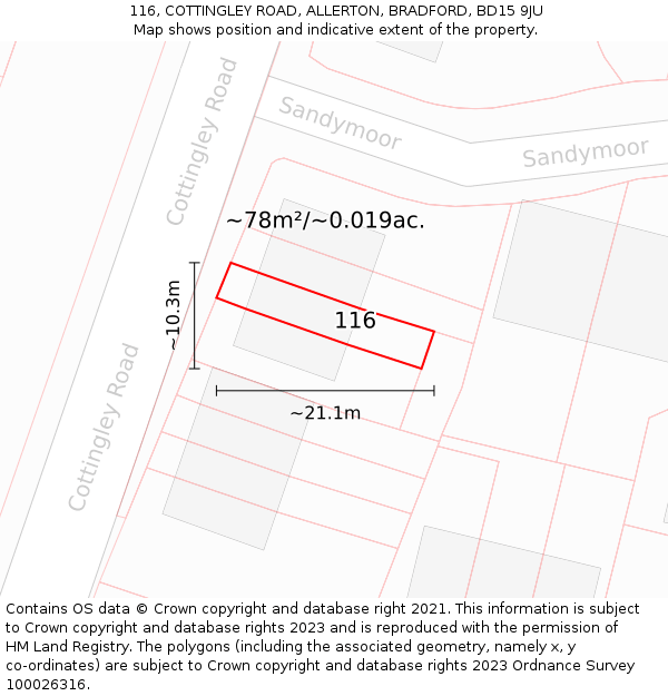 116, COTTINGLEY ROAD, ALLERTON, BRADFORD, BD15 9JU: Plot and title map