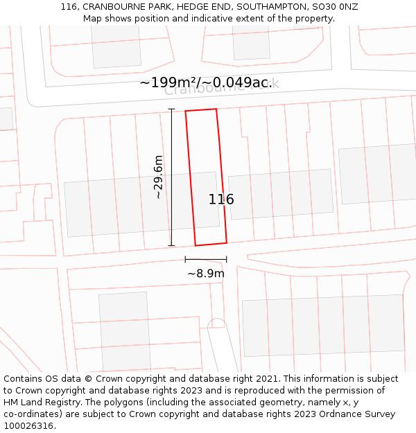 116, CRANBOURNE PARK, HEDGE END, SOUTHAMPTON, SO30 0NZ: Plot and title map
