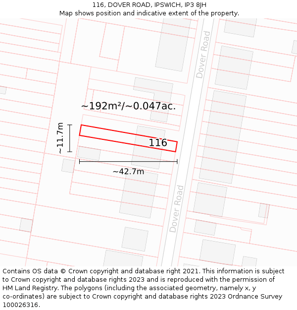 116, DOVER ROAD, IPSWICH, IP3 8JH: Plot and title map