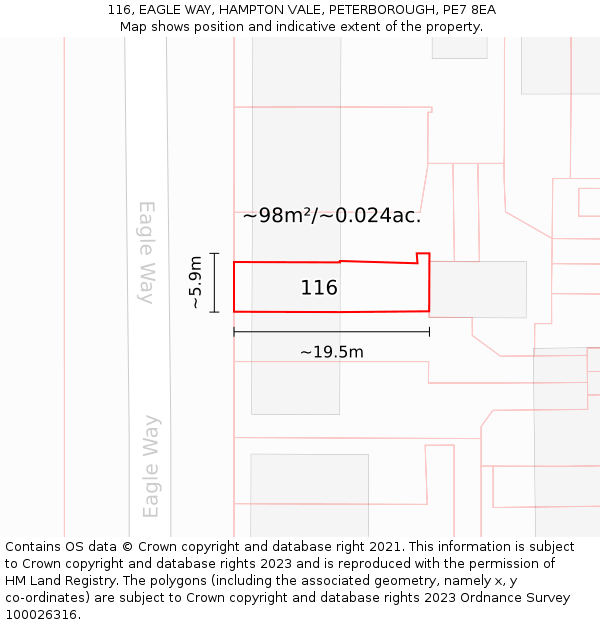 116, EAGLE WAY, HAMPTON VALE, PETERBOROUGH, PE7 8EA: Plot and title map