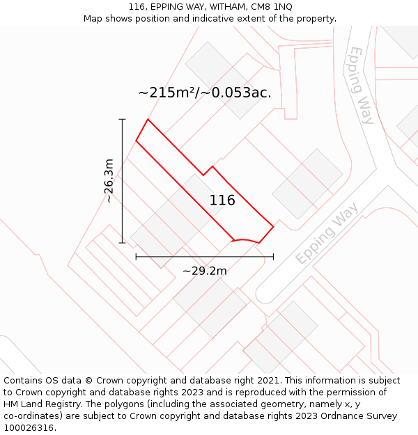 116, EPPING WAY, WITHAM, CM8 1NQ: Plot and title map