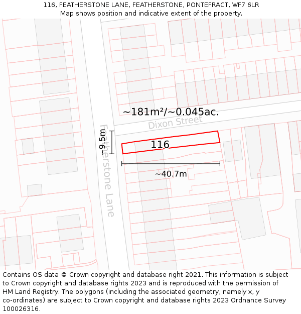 116, FEATHERSTONE LANE, FEATHERSTONE, PONTEFRACT, WF7 6LR: Plot and title map