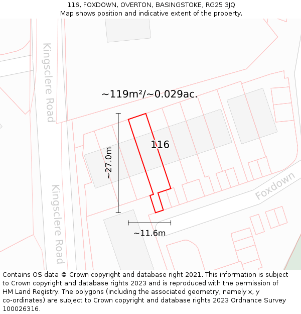 116, FOXDOWN, OVERTON, BASINGSTOKE, RG25 3JQ: Plot and title map