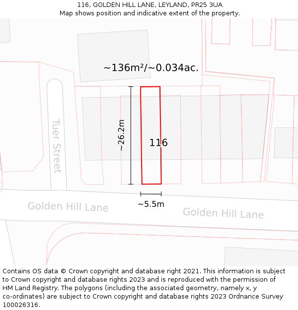 116, GOLDEN HILL LANE, LEYLAND, PR25 3UA: Plot and title map