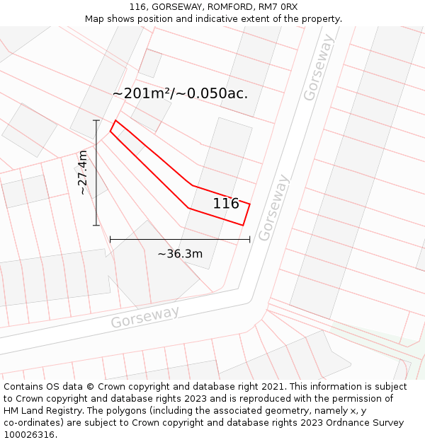 116, GORSEWAY, ROMFORD, RM7 0RX: Plot and title map