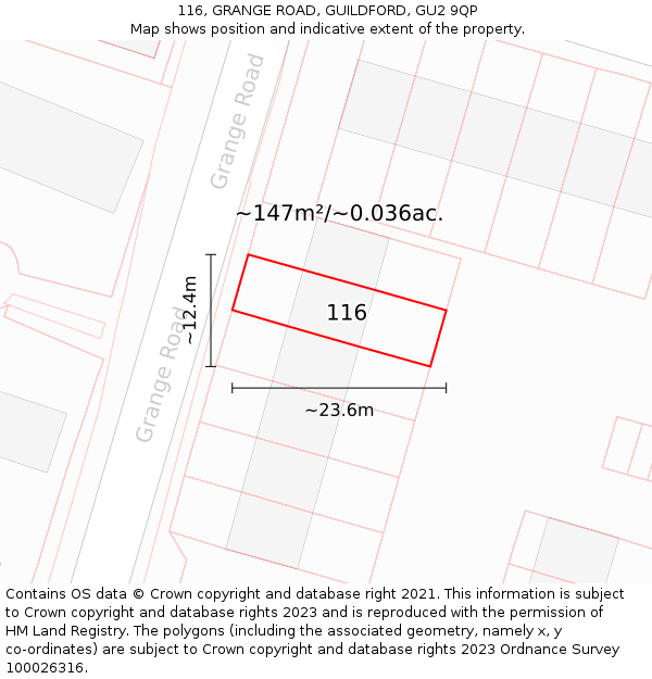 116, GRANGE ROAD, GUILDFORD, GU2 9QP: Plot and title map