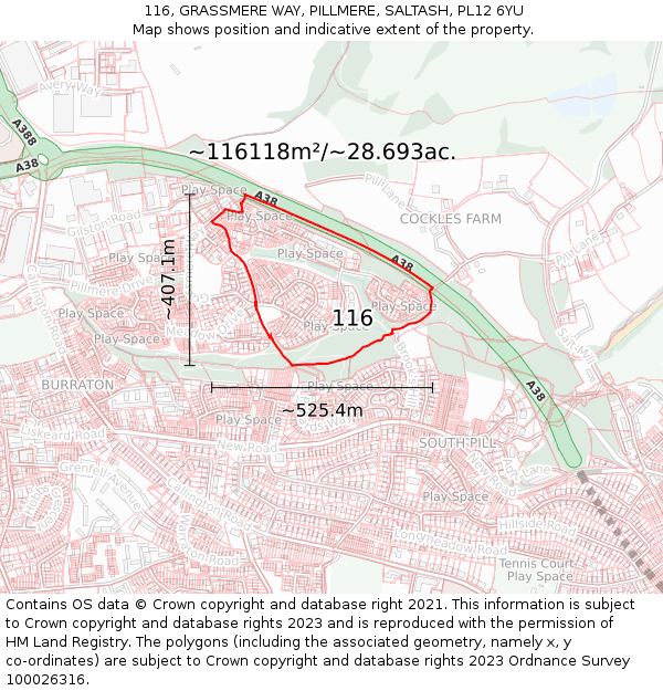 116, GRASSMERE WAY, PILLMERE, SALTASH, PL12 6YU: Plot and title map