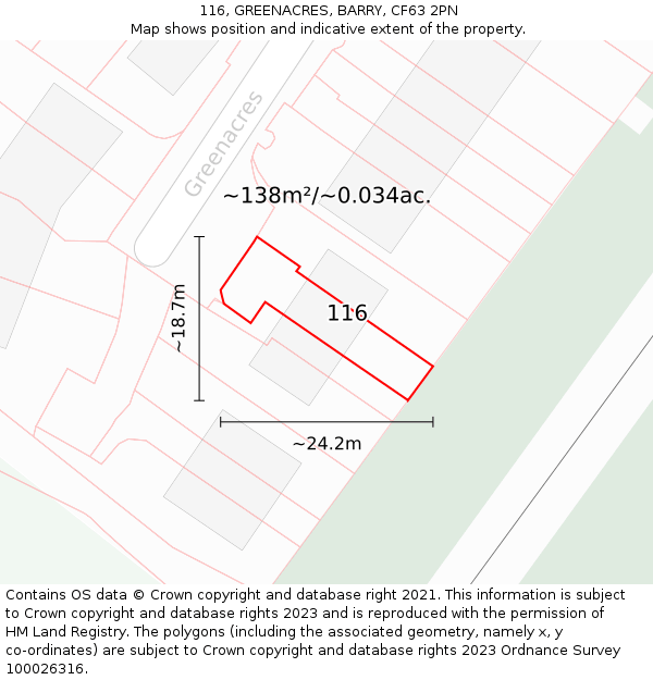 116, GREENACRES, BARRY, CF63 2PN: Plot and title map