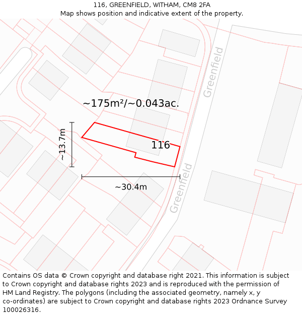 116, GREENFIELD, WITHAM, CM8 2FA: Plot and title map