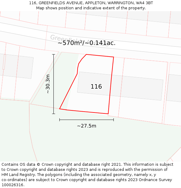 116, GREENFIELDS AVENUE, APPLETON, WARRINGTON, WA4 3BT: Plot and title map