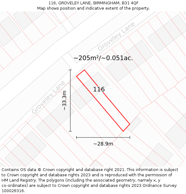 116, GROVELEY LANE, BIRMINGHAM, B31 4QF: Plot and title map