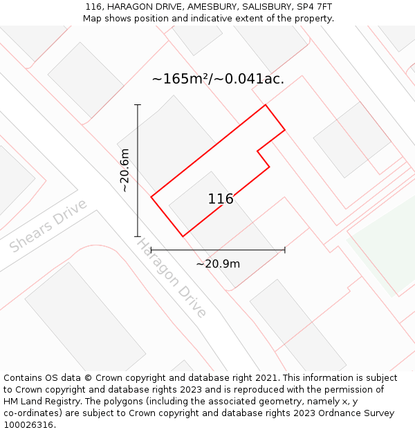 116, HARAGON DRIVE, AMESBURY, SALISBURY, SP4 7FT: Plot and title map