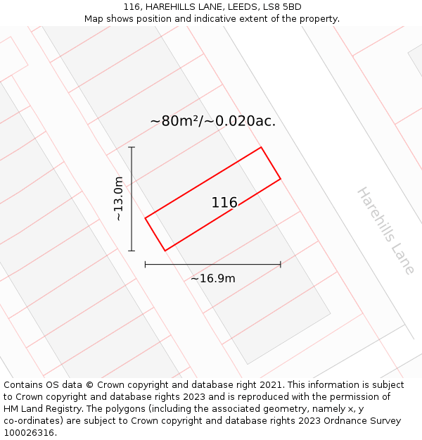 116, HAREHILLS LANE, LEEDS, LS8 5BD: Plot and title map