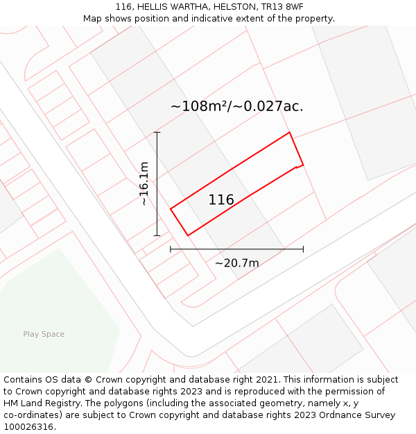 116, HELLIS WARTHA, HELSTON, TR13 8WF: Plot and title map