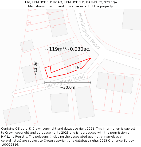 116, HEMINGFIELD ROAD, HEMINGFIELD, BARNSLEY, S73 0QA: Plot and title map
