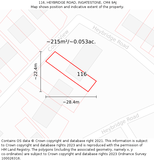 116, HEYBRIDGE ROAD, INGATESTONE, CM4 9AJ: Plot and title map