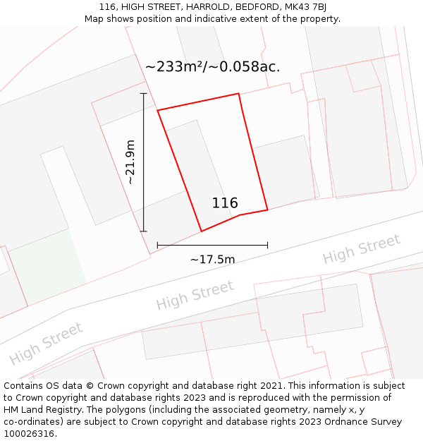 116, HIGH STREET, HARROLD, BEDFORD, MK43 7BJ: Plot and title map