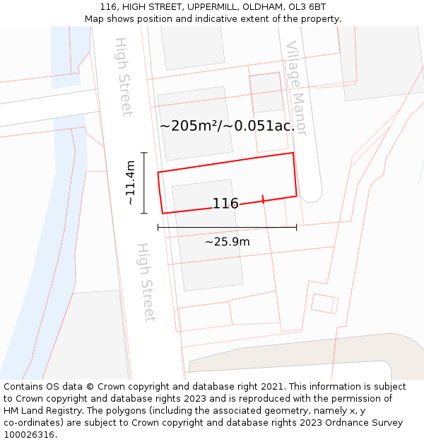 116, HIGH STREET, UPPERMILL, OLDHAM, OL3 6BT: Plot and title map