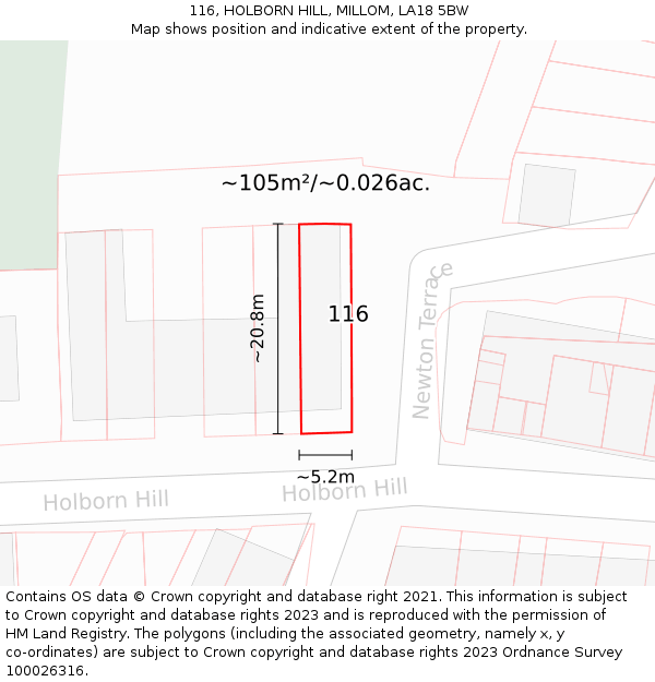 116, HOLBORN HILL, MILLOM, LA18 5BW: Plot and title map
