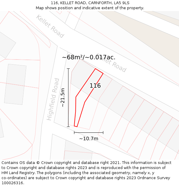 116, KELLET ROAD, CARNFORTH, LA5 9LS: Plot and title map