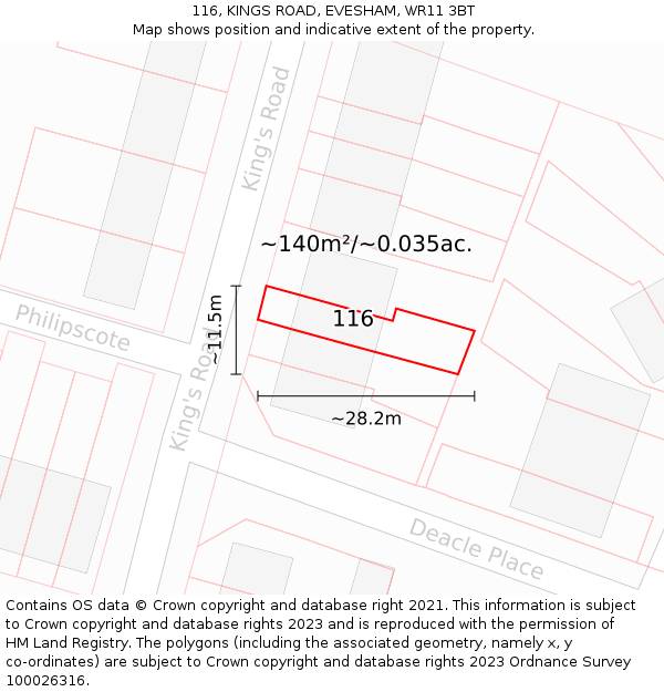 116, KINGS ROAD, EVESHAM, WR11 3BT: Plot and title map