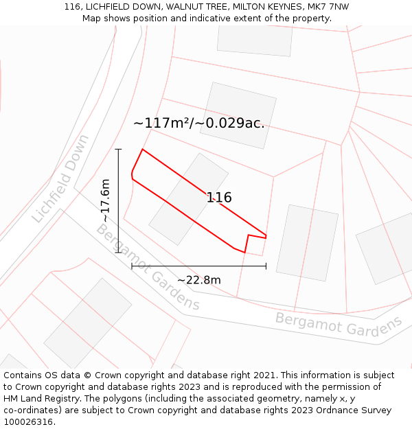 116, LICHFIELD DOWN, WALNUT TREE, MILTON KEYNES, MK7 7NW: Plot and title map