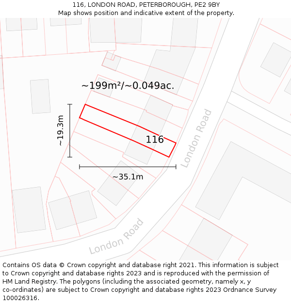 116, LONDON ROAD, PETERBOROUGH, PE2 9BY: Plot and title map
