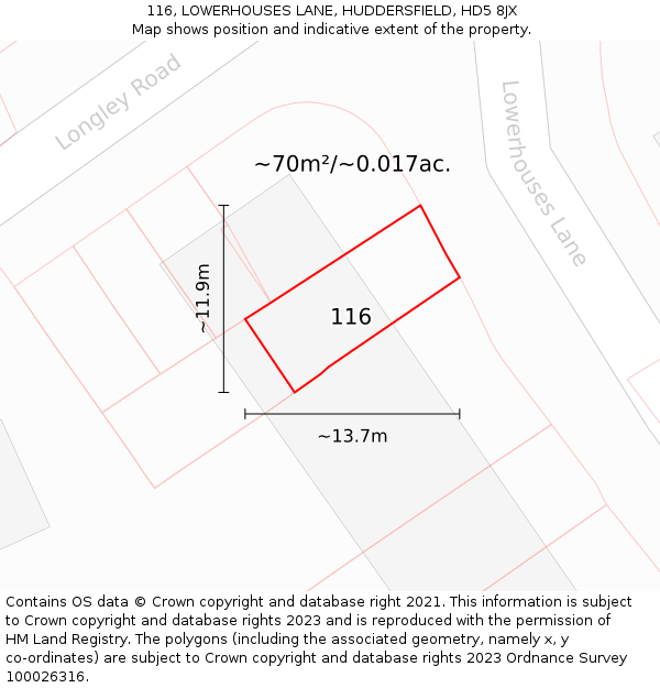 116, LOWERHOUSES LANE, HUDDERSFIELD, HD5 8JX: Plot and title map