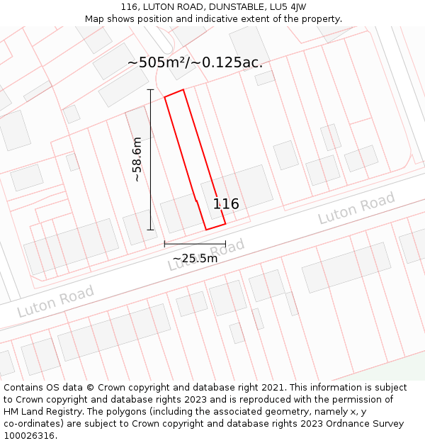 116, LUTON ROAD, DUNSTABLE, LU5 4JW: Plot and title map