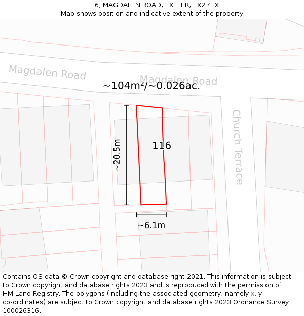 116, MAGDALEN ROAD, EXETER, EX2 4TX: Plot and title map