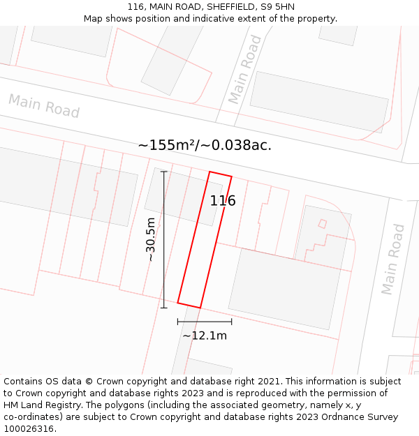 116, MAIN ROAD, SHEFFIELD, S9 5HN: Plot and title map