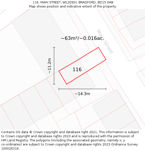 116, MAIN STREET, WILSDEN, BRADFORD, BD15 0AB: Plot and title map