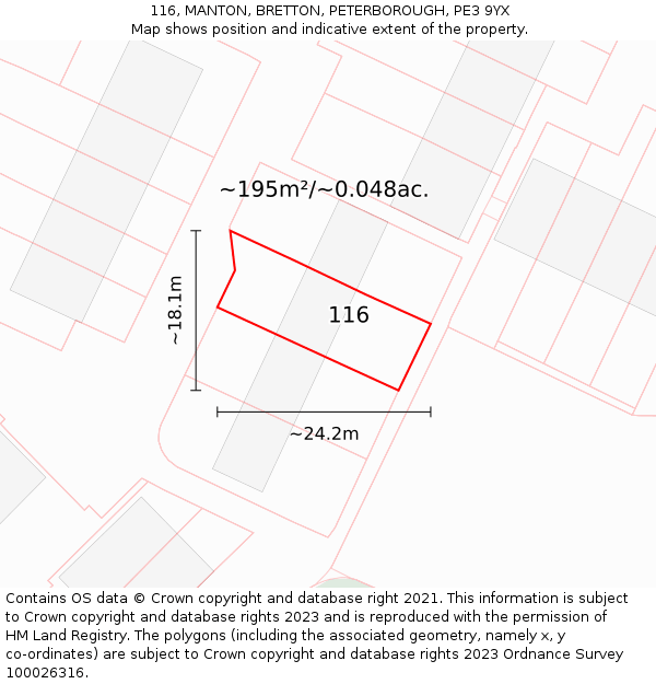 116, MANTON, BRETTON, PETERBOROUGH, PE3 9YX: Plot and title map