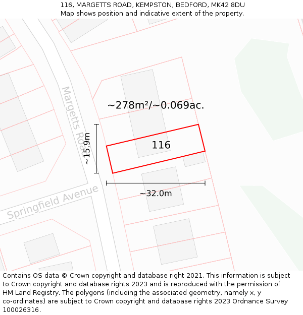 116, MARGETTS ROAD, KEMPSTON, BEDFORD, MK42 8DU: Plot and title map