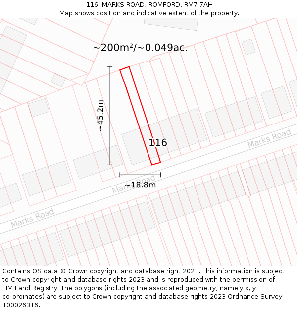 116, MARKS ROAD, ROMFORD, RM7 7AH: Plot and title map