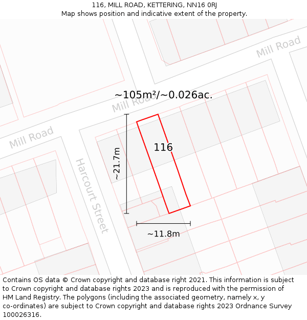 116, MILL ROAD, KETTERING, NN16 0RJ: Plot and title map