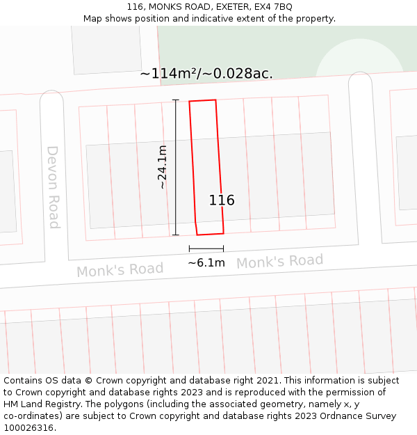 116, MONKS ROAD, EXETER, EX4 7BQ: Plot and title map