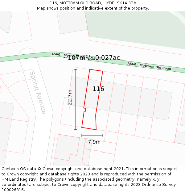 116, MOTTRAM OLD ROAD, HYDE, SK14 3BA: Plot and title map