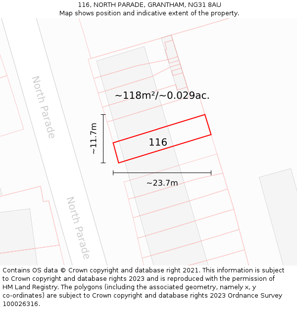 116, NORTH PARADE, GRANTHAM, NG31 8AU: Plot and title map
