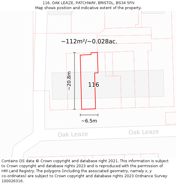 116, OAK LEAZE, PATCHWAY, BRISTOL, BS34 5FN: Plot and title map