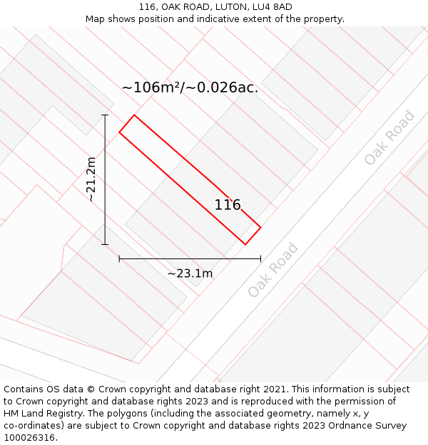 116, OAK ROAD, LUTON, LU4 8AD: Plot and title map