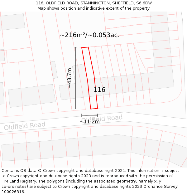116, OLDFIELD ROAD, STANNINGTON, SHEFFIELD, S6 6DW: Plot and title map