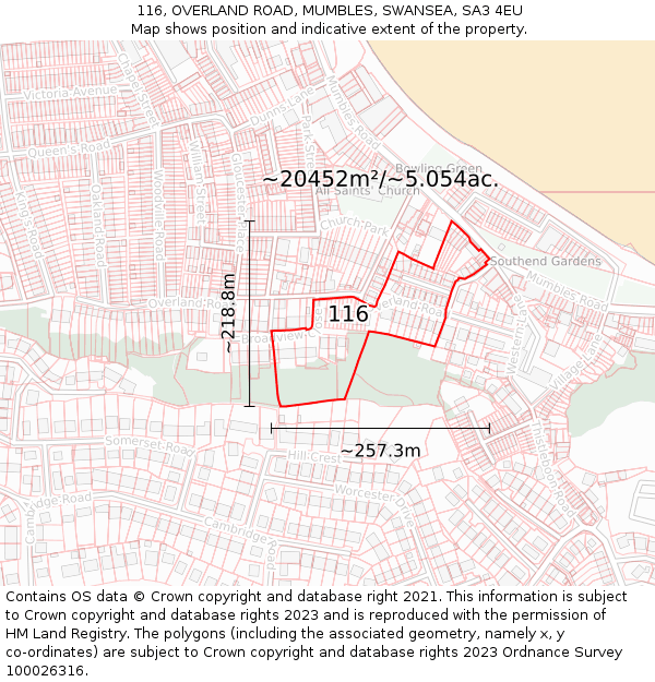 116, OVERLAND ROAD, MUMBLES, SWANSEA, SA3 4EU: Plot and title map
