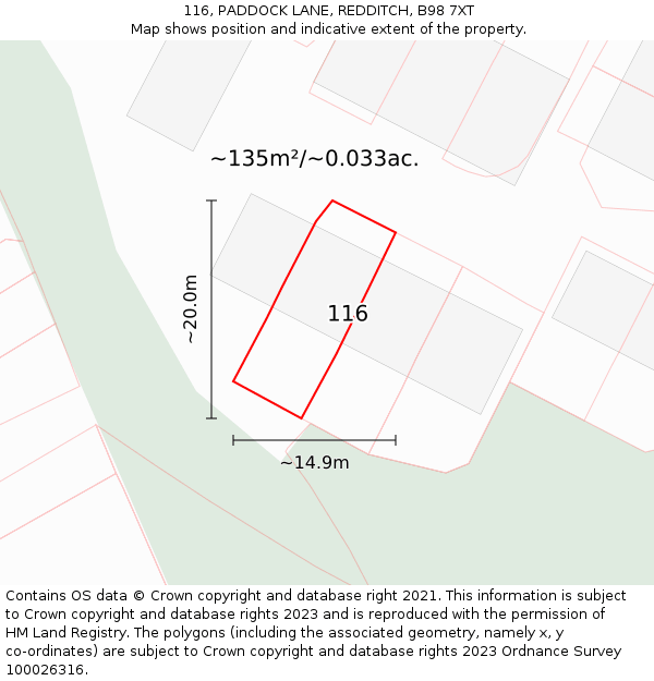 116, PADDOCK LANE, REDDITCH, B98 7XT: Plot and title map