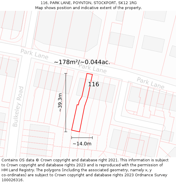 116, PARK LANE, POYNTON, STOCKPORT, SK12 1RG: Plot and title map
