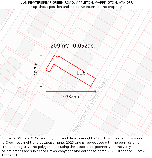 116, PEWTERSPEAR GREEN ROAD, APPLETON, WARRINGTON, WA4 5FR: Plot and title map