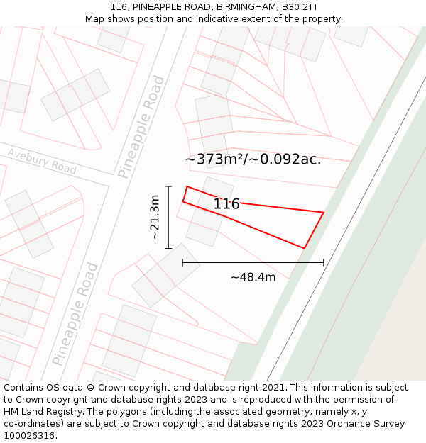116, PINEAPPLE ROAD, BIRMINGHAM, B30 2TT: Plot and title map