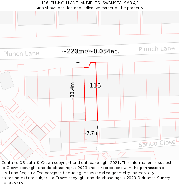 116, PLUNCH LANE, MUMBLES, SWANSEA, SA3 4JE: Plot and title map