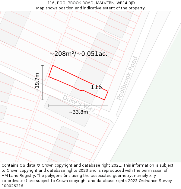 116, POOLBROOK ROAD, MALVERN, WR14 3JD: Plot and title map