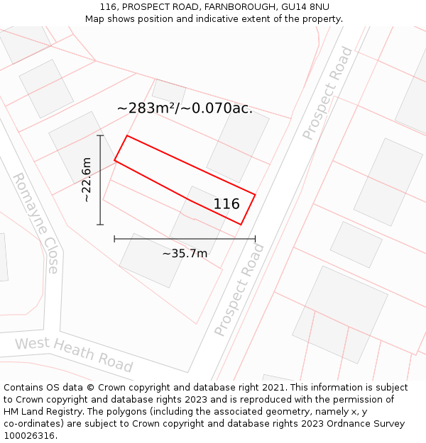 116, PROSPECT ROAD, FARNBOROUGH, GU14 8NU: Plot and title map